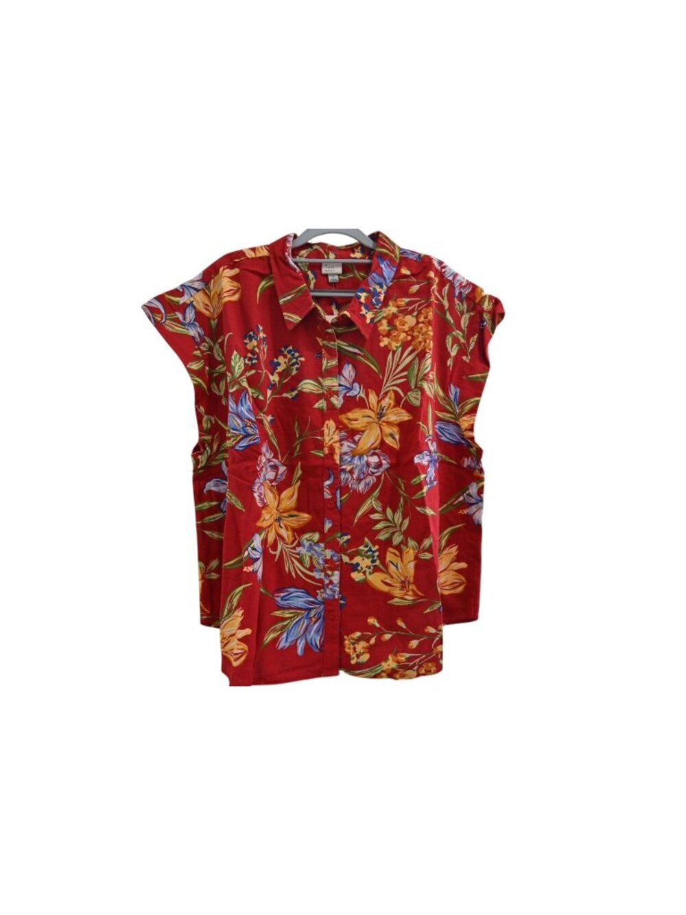 NWT All In Motion Cap Sleeve Linen Blend Button Up Blouse Sz 2X Red Floral Print